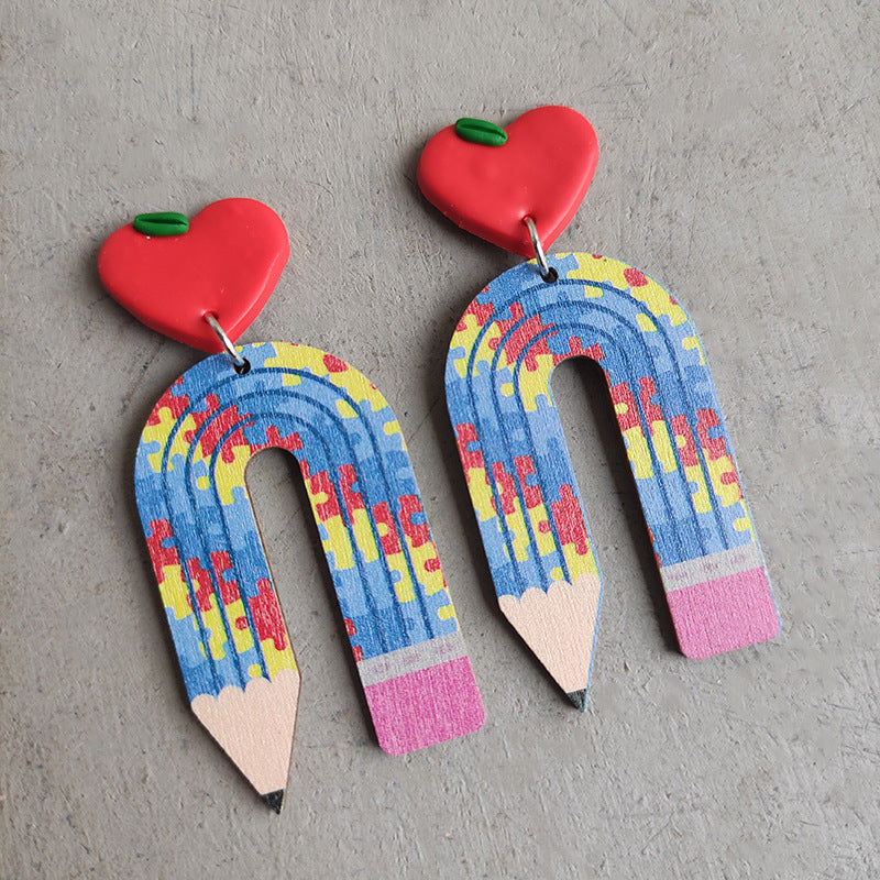 Wholesale leopard print pencil teacher wooden earrings